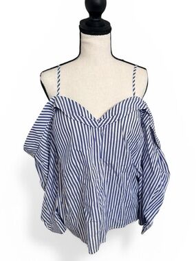Bardot Paloma Stripe Top BNWT Blue White Off Shoulder Cotton Blouse Size M